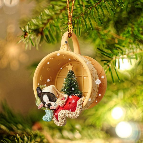 Boston Terrier Sleeping In A Tiny Cup Christmas Holiday Two Sided Ornament – Best Gifts for Dog Lovers