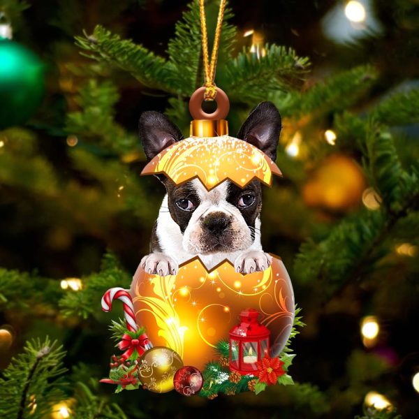 Brindle Boston Terrier In Golden Egg Christmas Ornament – Car Ornament – Unique Dog Gifts For Owners