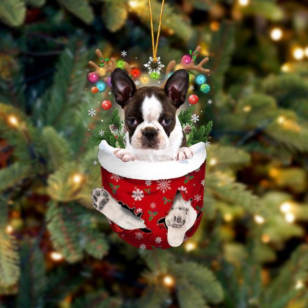 Brindle Boston Terrier In Snow Pocket Christmas Ornament – Two Sided Christmas Plastic Hanging