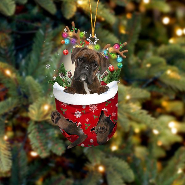 Brindle Boxer In Snow Pocket Christmas Ornament – Two Sided Christmas Plastic Hanging