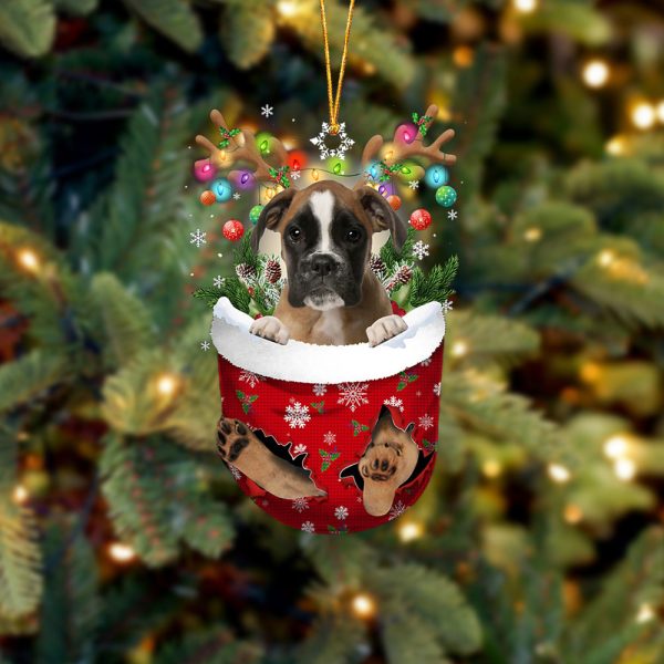 Brown Boxer In Snow Pocket Christmas Ornament – Two Sided Christmas Plastic Hanging