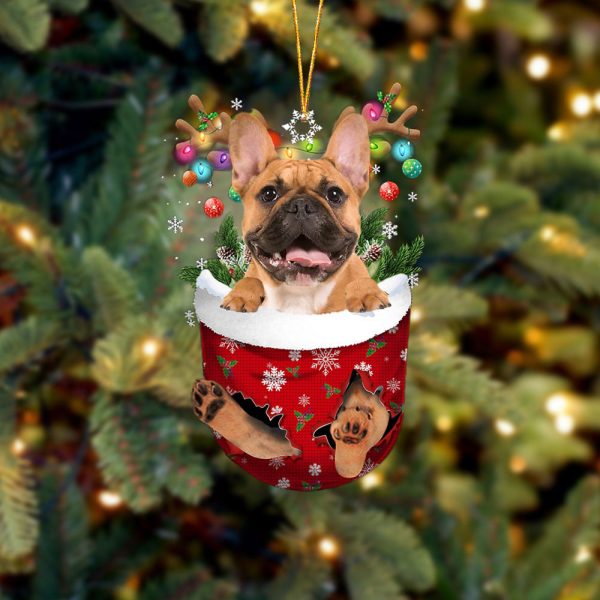 Brown French Bulldog In Snow Pocket Christmas Ornament – Two Sided Christmas Plastic Hanging