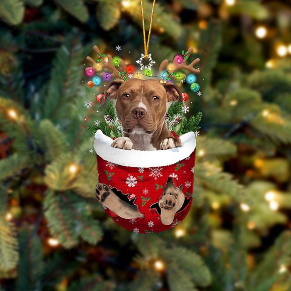 Brown Pitbull In Snow Pocket Christmas Ornament – Two Sided Christmas Plastic Hanging