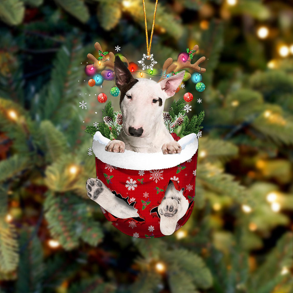 Bull Terrier 1 In Snow Pocket Christmas Ornament - Two Sided Christmas Plastic Hanging