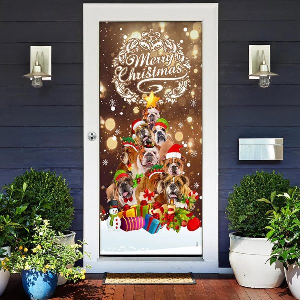 Bulldog Christmas Tree Door Cover – Merry Christmas – Front Door Christmas Cover – Gifts For Dog Lovers