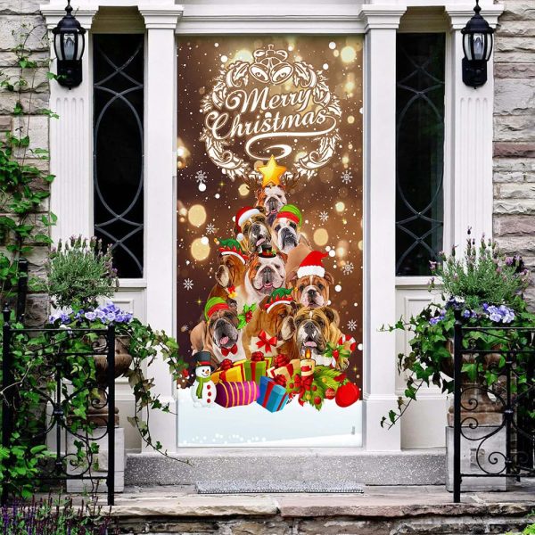 Bulldog Christmas Tree Door Cover – Merry Christmas – Front Door Christmas Cover – Gifts For Dog Lovers