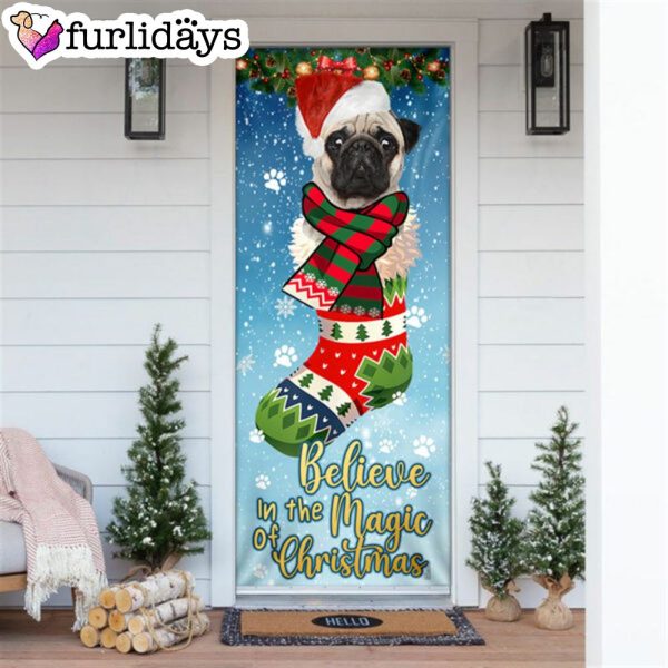 Bulldog In Sock Door Cover – Believe In The Magic Of Christmas Door Cover – Christmas Outdoor Decoration – Gifts For Dog Lovers