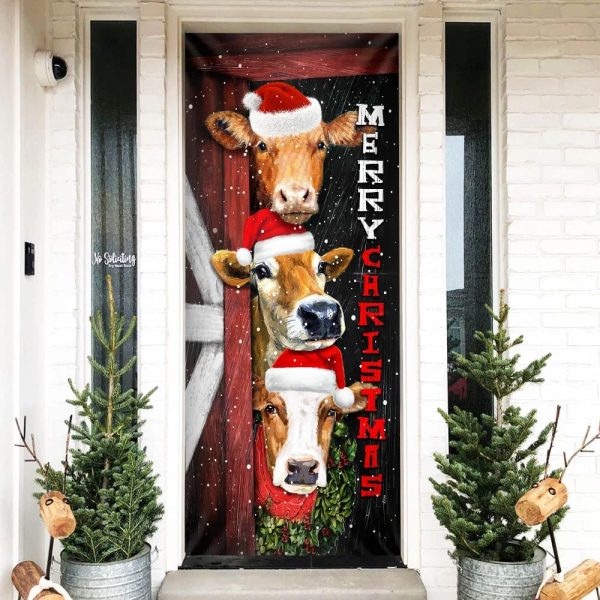 Cattle Cow Merry Christmas Door Cover – Front Door Christmas Cover – Christmas Outdoor Decoration – Unique Gifts Doorcover