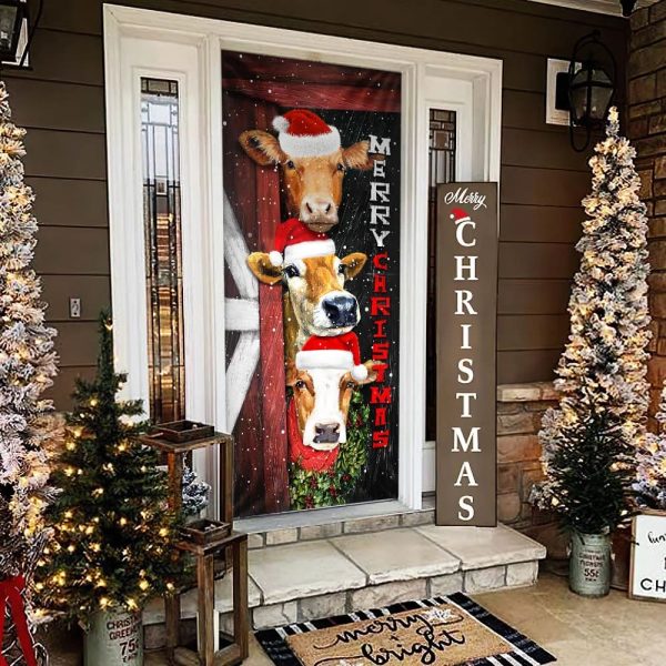 Cattle Cow Merry Christmas Door Cover – Front Door Christmas Cover – Christmas Outdoor Decoration – Unique Gifts Doorcover