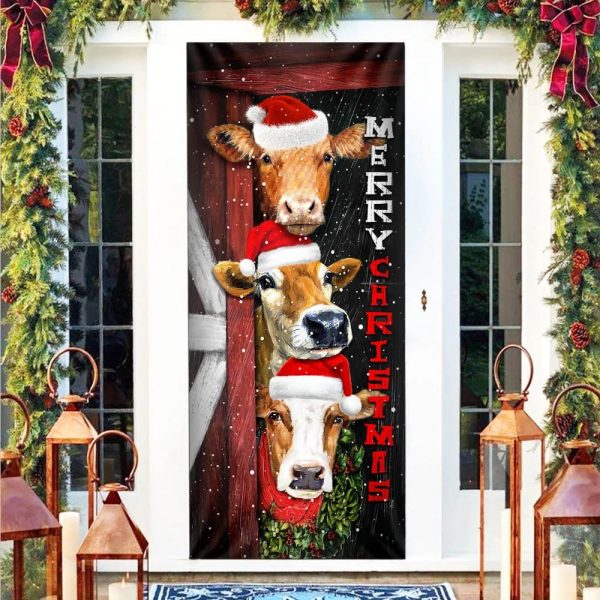 Cattle Cow Merry Christmas Door Cover – Front Door Christmas Cover – Christmas Outdoor Decoration – Unique Gifts Doorcover