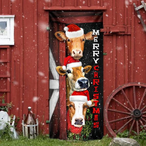 Cattle Cow Merry Christmas Door Cover – Front Door Christmas Cover – Christmas Outdoor Decoration – Unique Gifts Doorcover