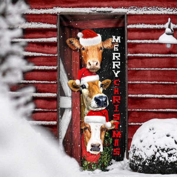 Cattle Cow Merry Christmas Door Cover – Front Door Christmas Cover – Christmas Outdoor Decoration – Unique Gifts Doorcover