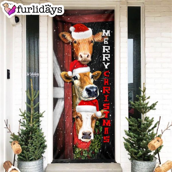 Cattle Cow Merry Christmas Door Cover – Front Door Christmas Cover – Christmas Outdoor Decoration – Unique Gifts Doorcover