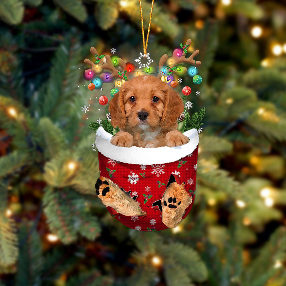Cavapoo 2 In Snow Pocket Christmas Ornament - Two Sided Christmas Plastic Hanging