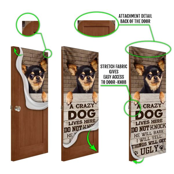 Chihuahua Dog Door Cover, A Crazy Dog Lives Here – Xmas Outdoor Decoration – Gifts For Dog Lovers