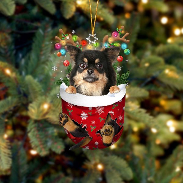 Chihuahua Long Haired In Snow Pocket Christmas Ornament – Two Sided Christmas Plastic Hanging