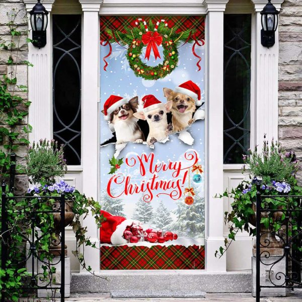 Chihuahua Merry Christmas Door Cover – Front Door Christmas Cover – Christmas Outdoor Decoration – Gifts For Dog Lovers