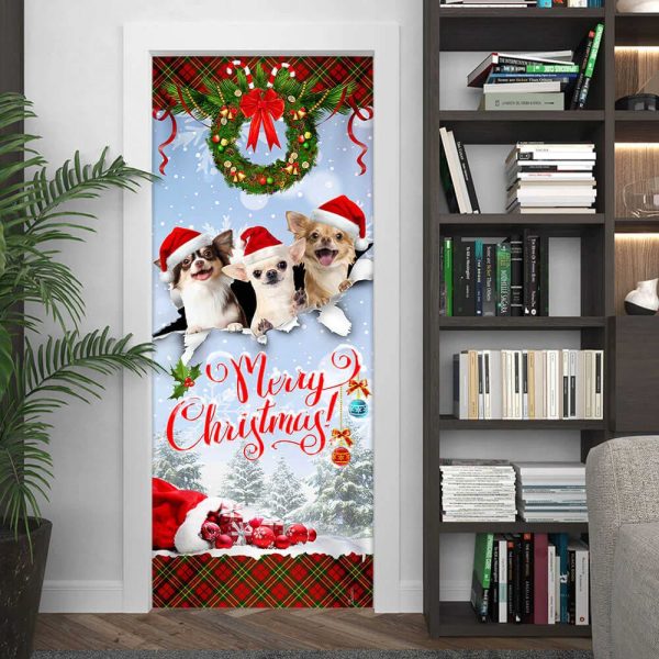 Chihuahua Merry Christmas Door Cover – Front Door Christmas Cover – Christmas Outdoor Decoration – Gifts For Dog Lovers