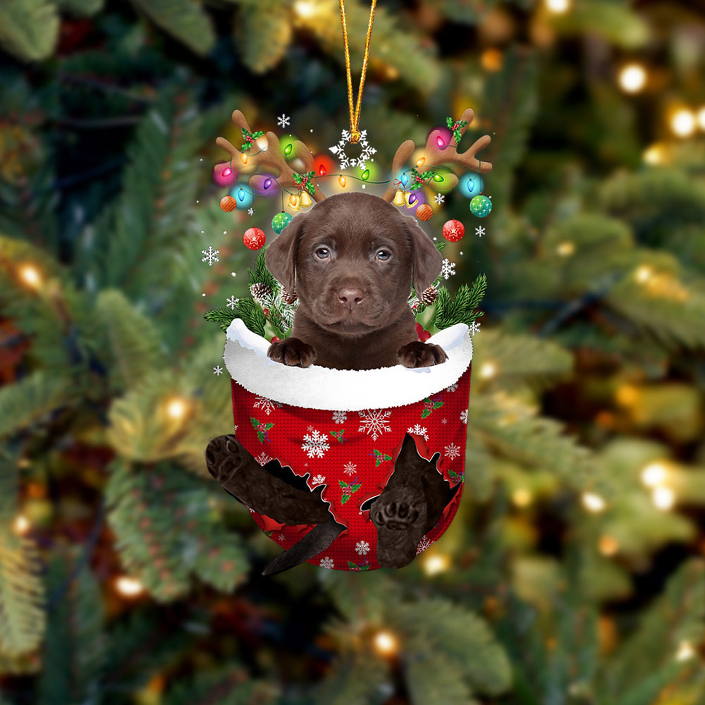 Chocolate Labrador In Snow Pocket Christmas Ornament - Two Sided Christmas Plastic Hanging
