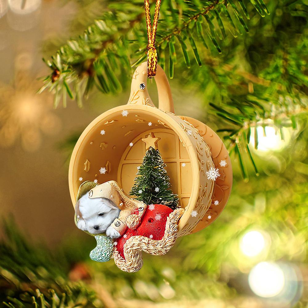 Coton de tulear Sleeping In A Tiny Cup Christmas Holiday Two Sided Ornament - Best Gifts for Dog Lovers