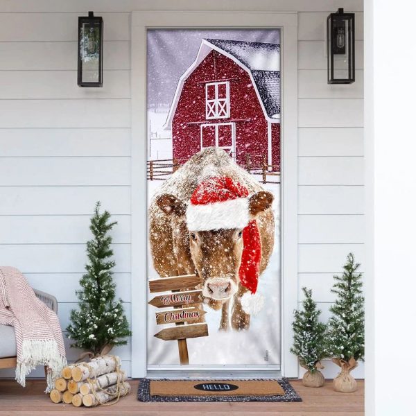 Cow Barn Merry Christmas Door Cover – Door Christmas Cover – Cow Lover Gifts – Unique Gifts Doorcover