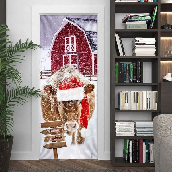 Cow Barn Merry Christmas Door Cover – Door Christmas Cover – Cow Lover Gifts – Unique Gifts Doorcover