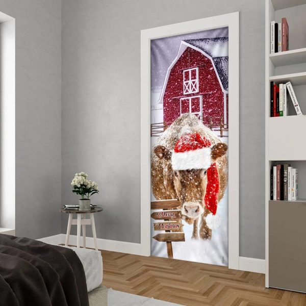 Cow Barn Merry Christmas Door Cover – Door Christmas Cover – Cow Lover Gifts – Unique Gifts Doorcover