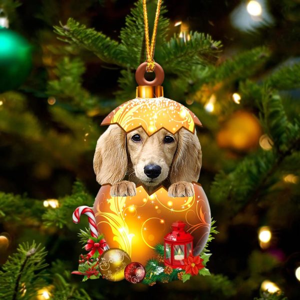 Cream Long Haired Dachshund In Golden Egg Christmas Ornament – Car Ornament – Unique Dog Gifts For Owners