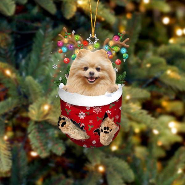 Cream Pomeranian In Snow Pocket Christmas Ornament – Two Sided Christmas Plastic Hanging