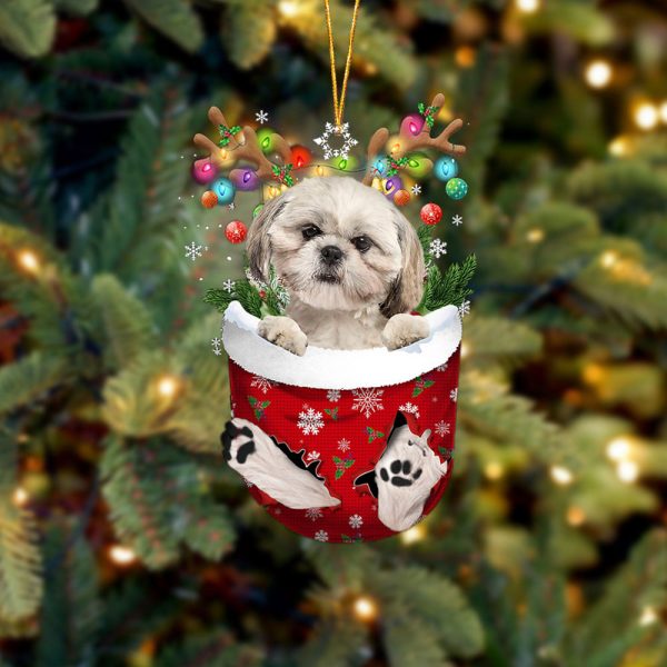 Cream Shih Tzu In Snow Pocket Christmas Ornament – Two Sided Christmas Plastic Hanging