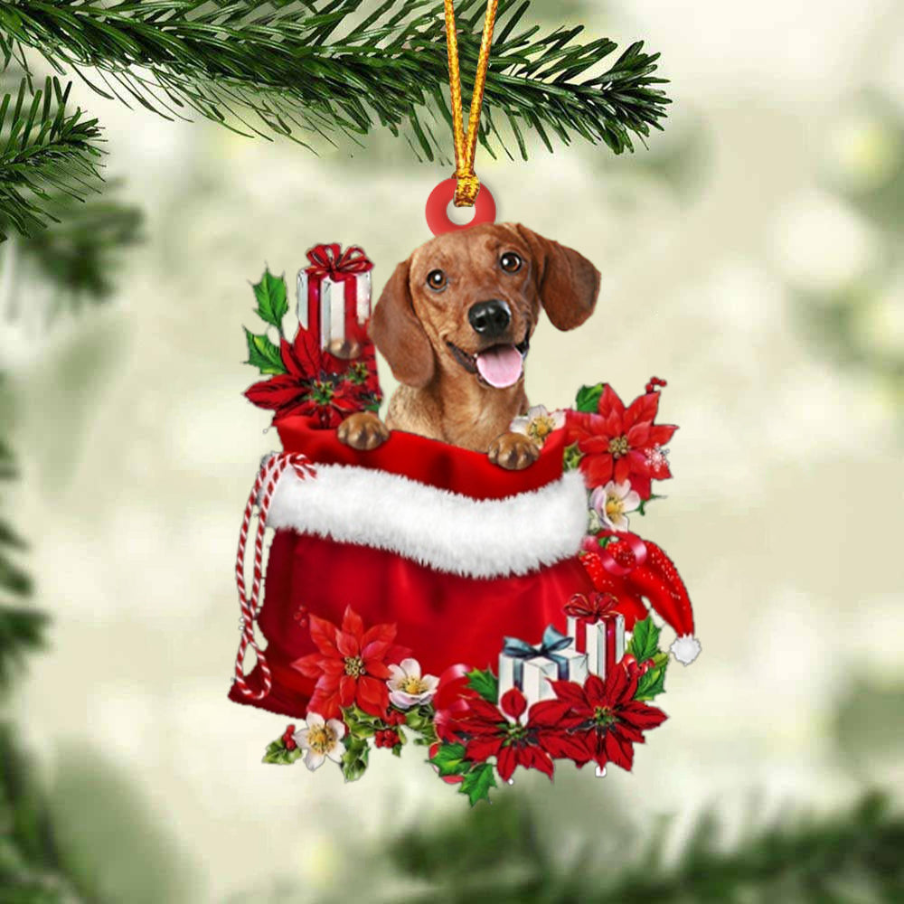 Dachshund In Gift Bag Christmas Ornament - Car Ornaments - Gift For Dog Lovers
