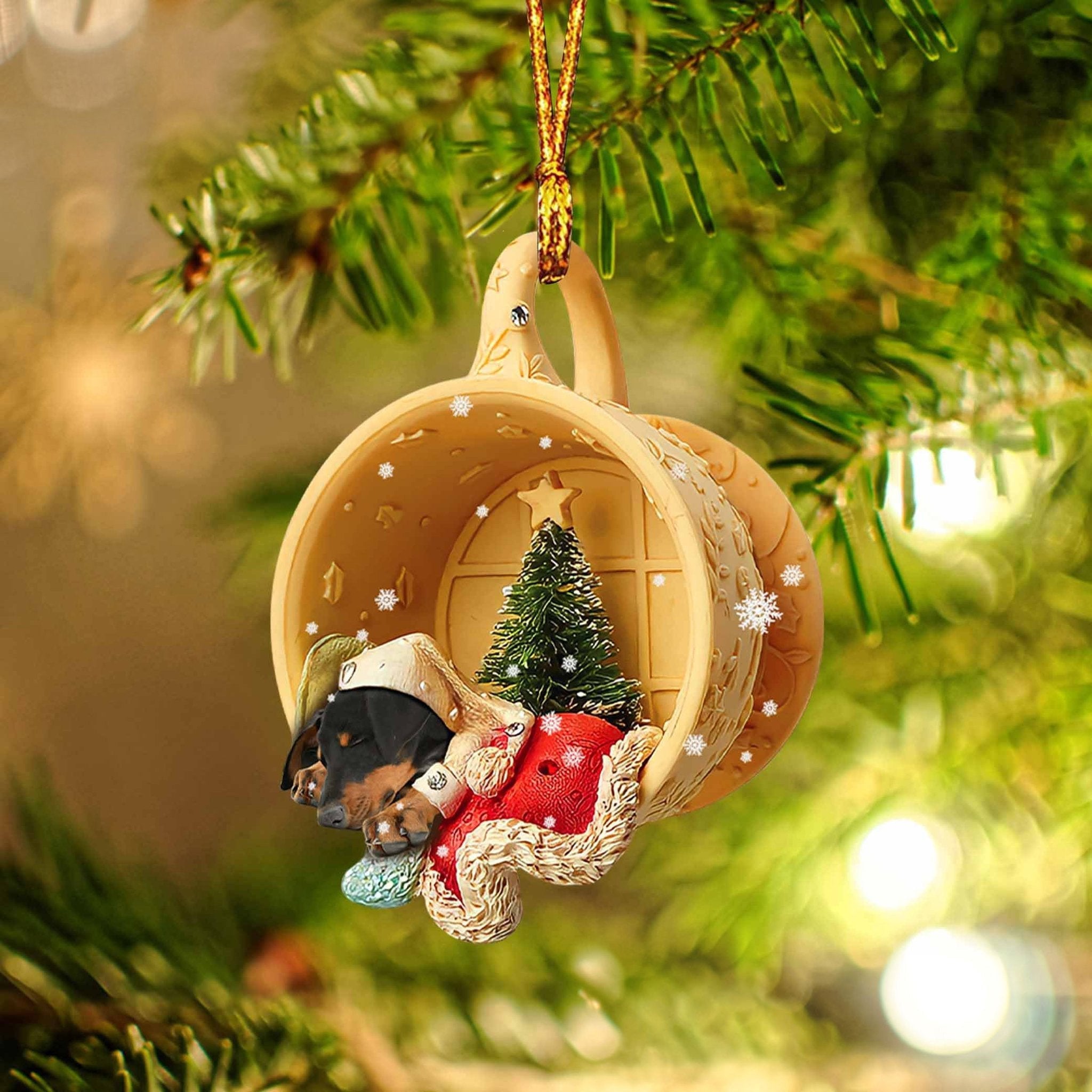 Dobermann Sleeping In A Tiny Cup Christmas Holiday Two Sided Ornament - Best Gifts for Dog Lovers