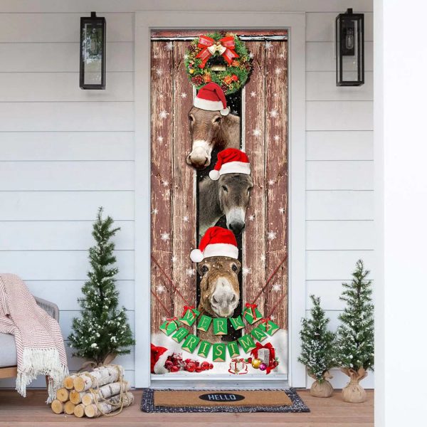 Donkeys Christmas Snow Farmhouse Door Cover – Donkeys Lover Gifts – Christmas Outdoor Decoration