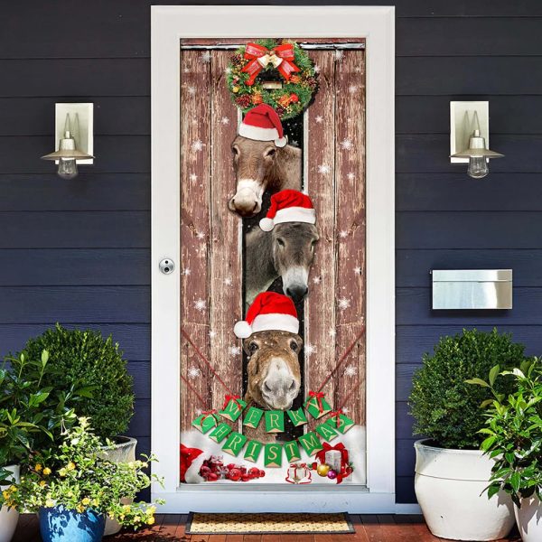 Donkeys Christmas Snow Farmhouse Door Cover – Donkeys Lover Gifts – Christmas Outdoor Decoration