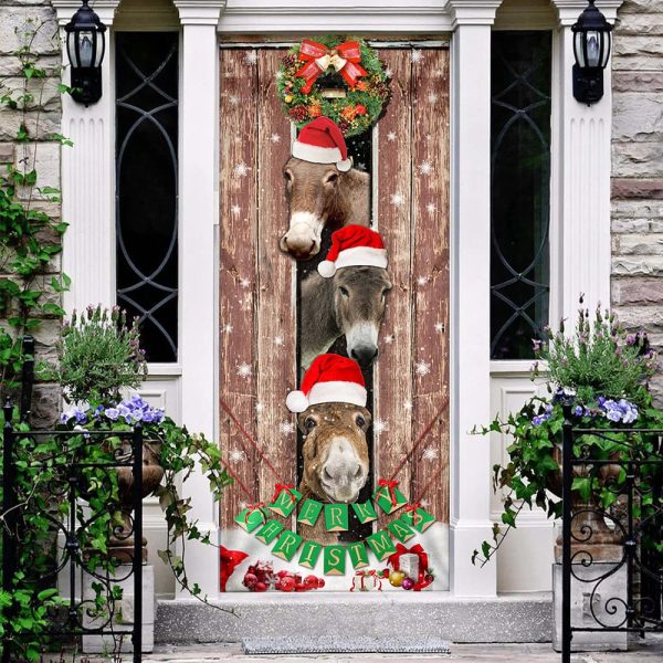 Donkeys Christmas Snow Farmhouse Door Cover – Donkeys Lover Gifts – Christmas Outdoor Decoration