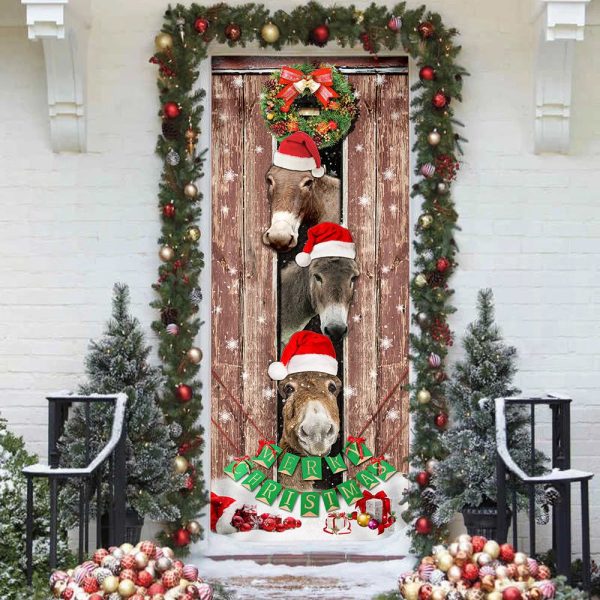 Donkeys Christmas Snow Farmhouse Door Cover – Donkeys Lover Gifts – Christmas Outdoor Decoration