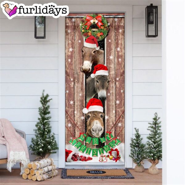 Donkeys Christmas Snow Farmhouse Door Cover – Donkeys Lover Gifts – Christmas Outdoor Decoration