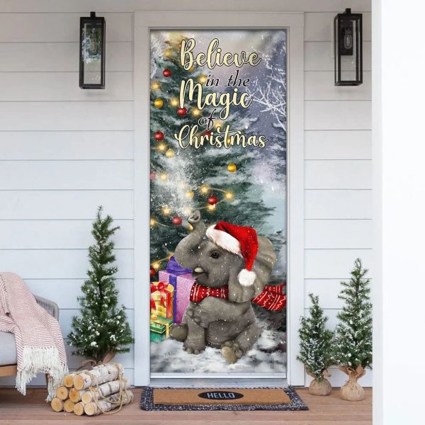 Elephant Door Cover – Believe In The Magic Of Christmas Door Cover – Christmas Outdoor Decoration