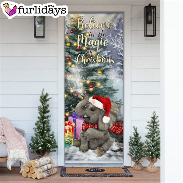 Elephant Door Cover – Believe In The Magic Of Christmas Door Cover – Christmas Outdoor Decoration