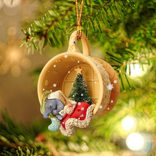 Elephant Sleeping In A Tiny Cup Christmas Holiday Two Sided Ornament – Best Gifts for Animals Lovers