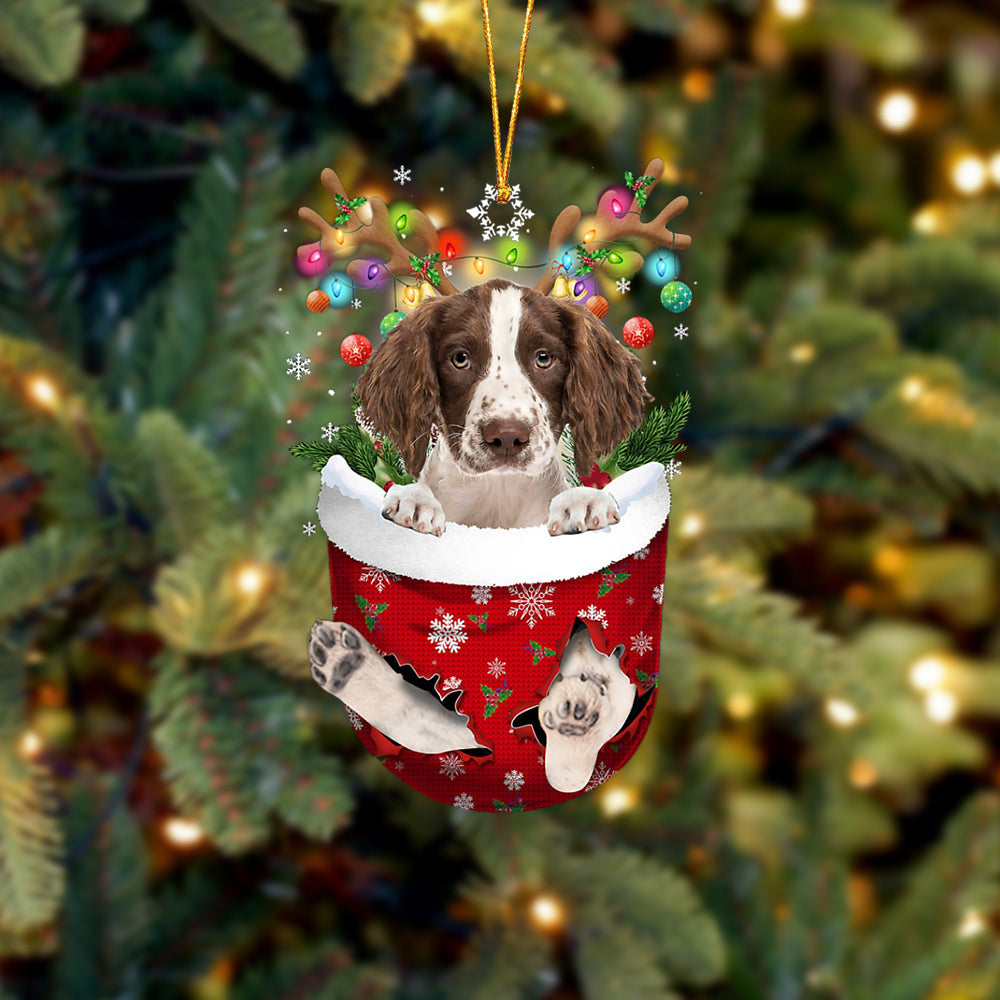 English Springer Spaniel In Snow Pocket Christmas Ornament - Two Sided Christmas Plastic Hanging