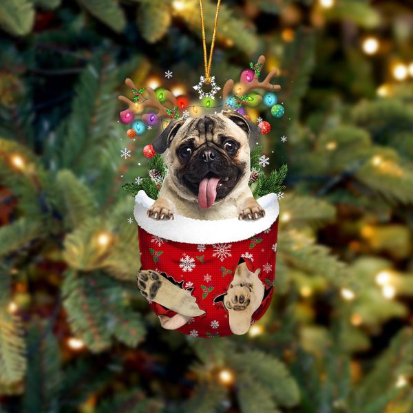 Fawn Pug In Snow Pocket Christmas Ornament – Two Sided Christmas Plastic Hanging