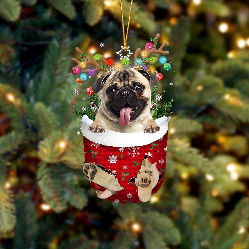 Fawn Pug In Snow Pocket Christmas Ornament - Two Sided Christmas Plastic Hanging