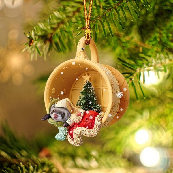 Ferret Sleeping In A Tiny Cup Christmas Holiday Two Sided Ornament – Best Gifts for Animals Lovers
