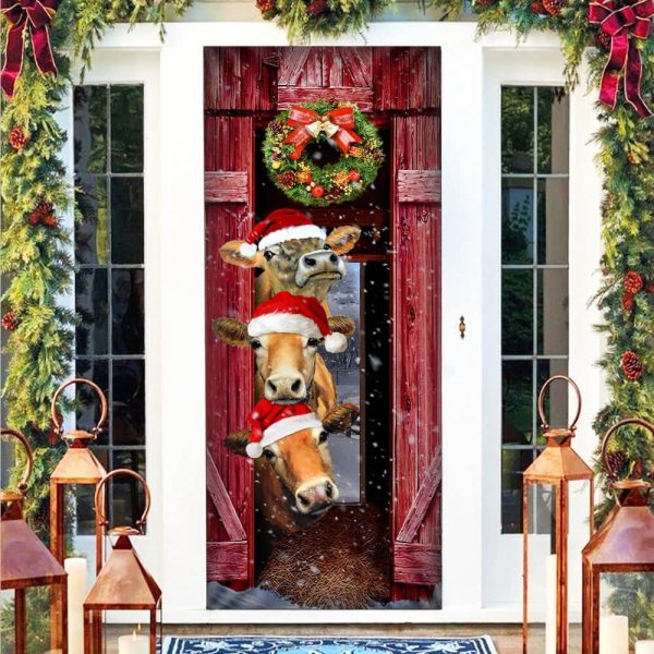 Funny Cow Christmas Door Cover – Cattle – Unique Gifts Doorcover – Holiday Decor