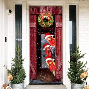 Funny Rooster Chicken Merry Christmas Door Cover Unique Gifts Doorcover 1