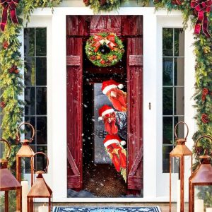 Funny Rooster Chicken Merry Christmas Door Cover Unique Gifts Doorcover 3