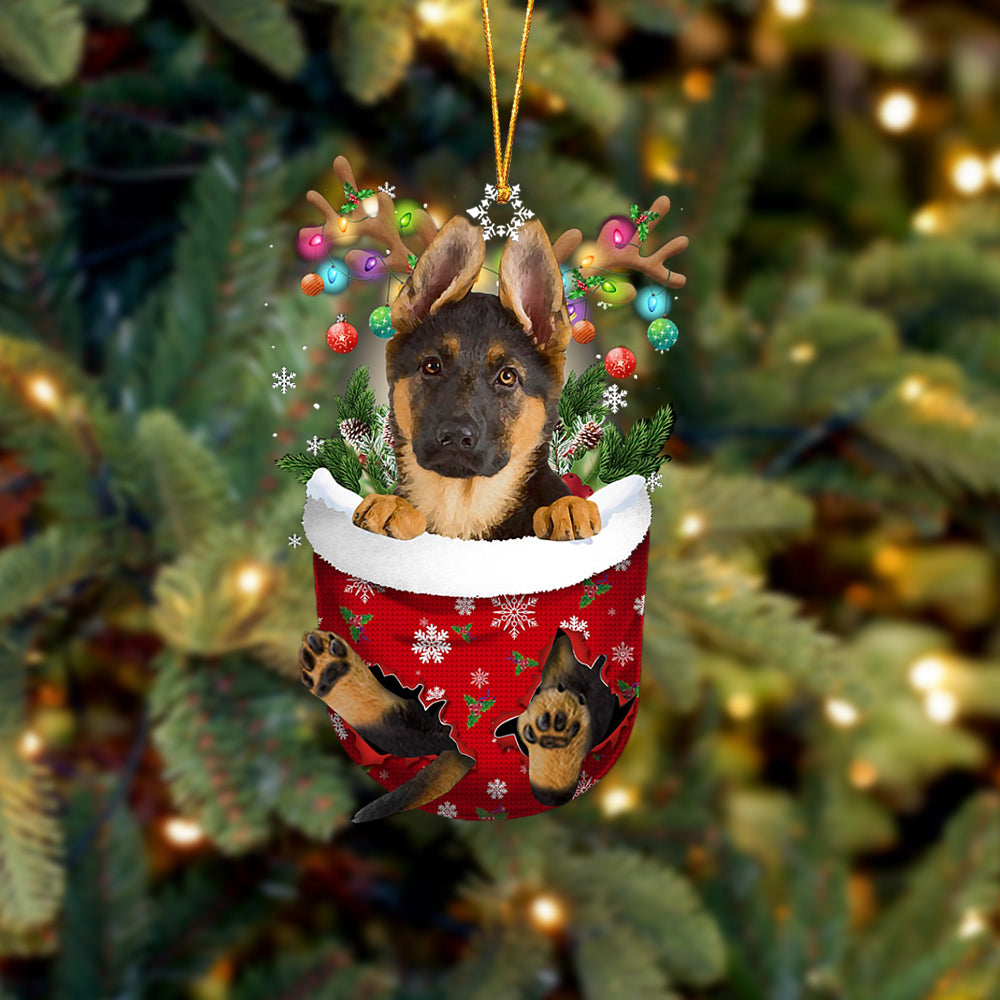 German Shepherd In Snow Pocket Christmas Ornament - Two Sided Christmas Plastic Hanging