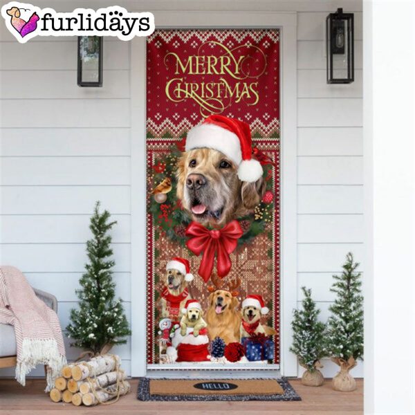 Golden Retriever Happy House Christmas Door Cover – Xmas Outdoor Decoration – Gifts For Dog Lovers
