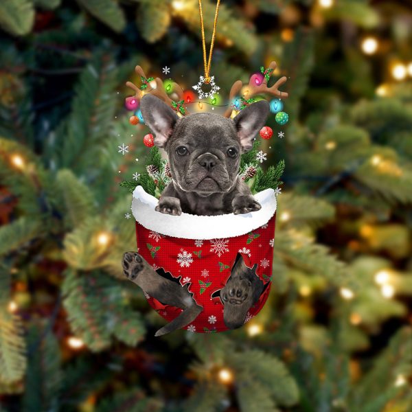 Grey French Bulldog In Snow Pocket Christmas Ornament – Two Sided Christmas Plastic Hanging